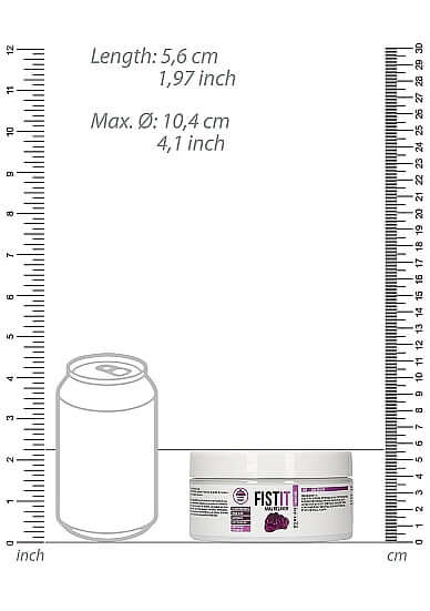 Shots Toys PharmQuests Fist It Anal Relaxer 300ml size comparison with can and rulers showing dimensions