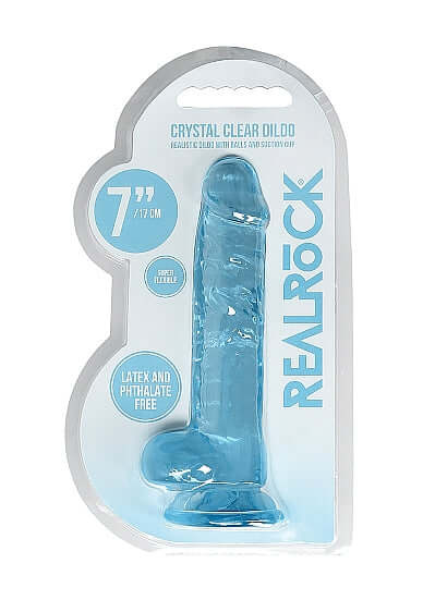 Realrock 7 inches Realistic Blue Dildo with Balls in packaging showing phthalate free and latex free features.
