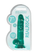 Realrock 7-Inch Realistic Dildo with Balls in Turquoise Green packaging with suction cup, latex and phthalate-free.