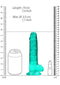 Realrock 7-Inch Realistic Dildo with Balls in Turquoise Green alongside size comparisons to a can and lipstick.experience lifelike pleasure with this Shots Toys America product.