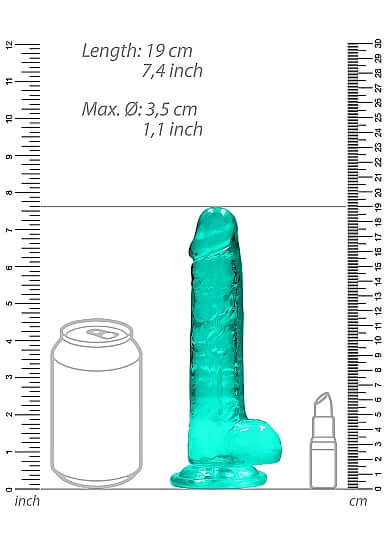 Realrock 7-Inch Realistic Dildo with Balls in Turquoise Green alongside size comparisons to a can and lipstick.experience lifelike pleasure with this Shots Toys America product.