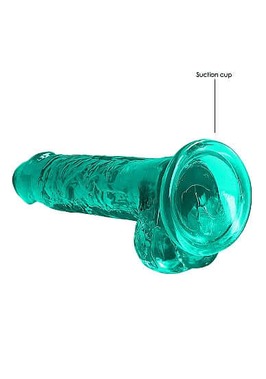 Realrock 7-Inch Realistic Dildo with Balls in Turquoise Green showing suction cup for hands-free use on smooth surfaces