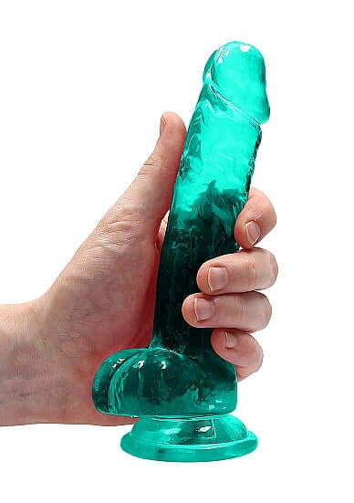 Holding Realrock 7-Inch Realistic Dildo with Balls in Turquoise Green with Suction Cup Base