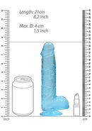 Realrock 8 inches Realistic Dildo with Balls Blue next to measurement rulers, showing dimensions alongside a soda can and lipstick for scale.