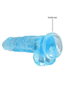 Realrock 8 inches blue realistic dildo with balls and suction cup for hands-free use.