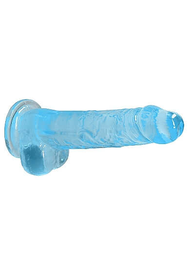 Realrock 8 inches blue realistic dildo with balls and suction cup for smooth surfaces, body safe and easy to clean.