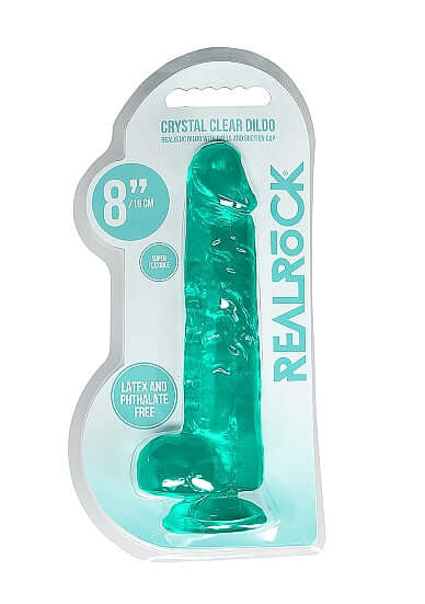 Realrock 8 inches Realistic Dildo with Balls Turquoise Green in packaging showing phthalate and latex-free features