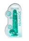 Realrock 8 inches Realistic Dildo with Balls Turquoise Green in packaging showing phthalate and latex-free features