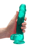 Hand holding Realrock 8 inches turquoise green realistic dildo with suction cup and balls