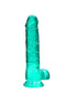 Realrock 8-inch turquoise green dildo with balls and suction cup for smooth surfaces, phthalate and latex-free, body-safe.