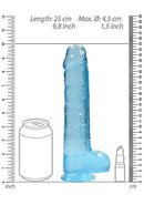 Realrock 9-inch Blue Realistic Dildo with Balls and Suction Cup next to size comparison objects like a soda can and lipstick tube