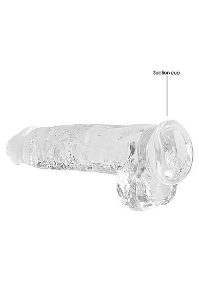 RealRock Crystal Clear 9-Inch Dildo with Balls and Suction Cup from Shots Toys, offering lifelike sensations and realistic design