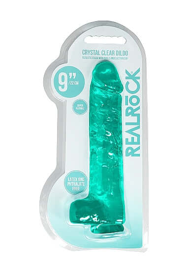 Realrock Dildo with Balls 9 inches Turquoise Green in packaging - crystal clear and lifelike design from Shots Toys America