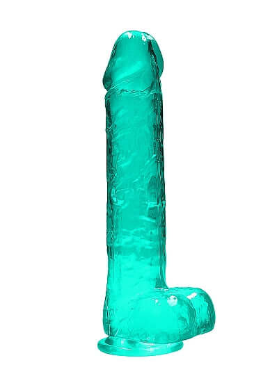 Realrock 9-inch turquoise green dildo with balls, crystal clear design, lifelike and luxurious by Shots Toys America.