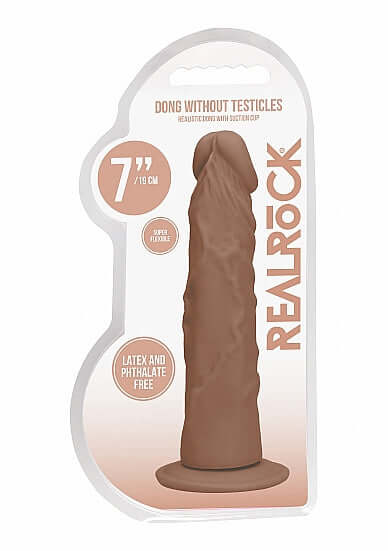 Realrock 7-inch dong in medium skin tone, designed without testicles, featuring life-like textures and made from phthalate-free material.