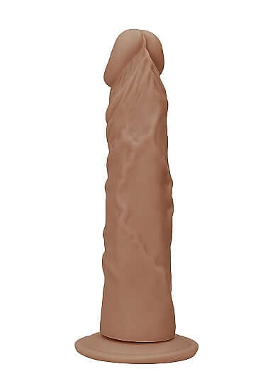 RealRock 9-Inch Medium Skin Tone Dildo with lifelike texture, pronounced head, and veins for realistic pleasure.