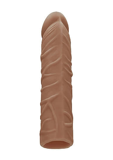 Realrock Penis Sleeve 7 inches in medium skin tone by Shots Toys, featuring detailed textures.