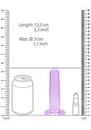 Purple 5.3-inch Realrock Crystal Clear Dildo size comparison with soda can and lipstick.