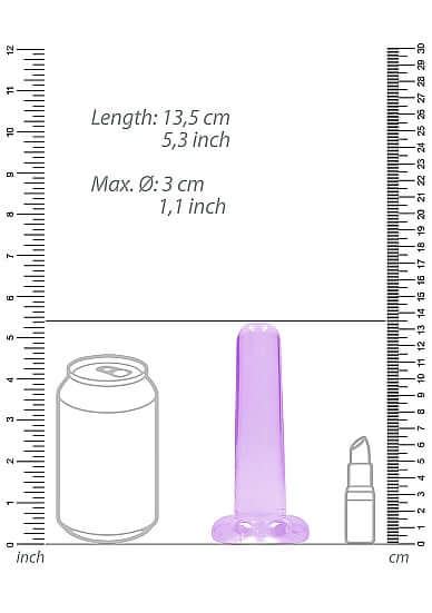 Purple 5.3-inch Realrock Crystal Clear Dildo size comparison with soda can and lipstick.