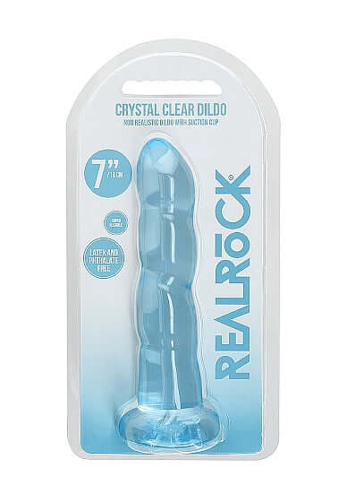 Realrock 7-inch blue clear non-realistic dildo with suction cup in packaging