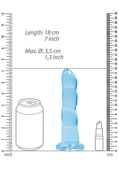 Measurements of blue clear 7-inch non-realistic dildo with suction cup compared to a soda can and lipstick tube
