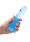Hand holding blue clear 7-inch non-realistic dildo with suction cup from Shots Toys America