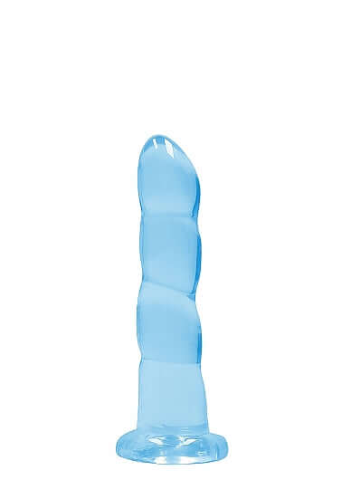 Non-Realistic Blue Clear Dildo with Suction Cup 7 inches from Shots Toys America, suitable for anal and vaginal use.