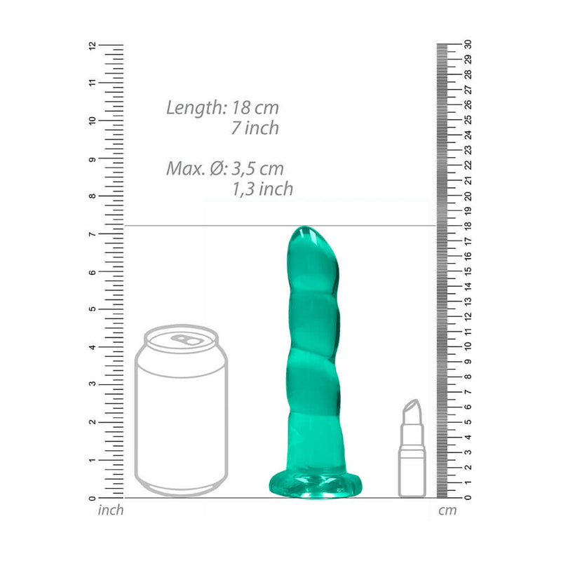 Realrock Non-Realistic 7 inches Turquoise Dildo with Suction Cup - Size Comparison with Can and Lipstick