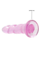 Pink non-realistic dildo with suction cup, 7 inches from Shots Toys America, featuring a clear bulbous tip and unique curved design for ultimate pleasure.