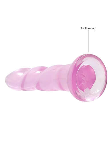 Pink non-realistic dildo with suction cup, 7 inches from Shots Toys America, featuring a clear bulbous tip and unique curved design for ultimate pleasure.