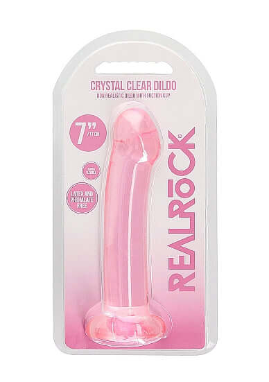 Realrock Crystal Clear 7-Inch Non-Realistic Pink Dildo with Suction Cup in Packaging