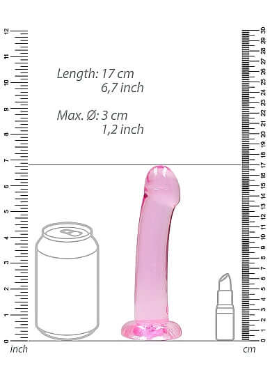 Realrock Non-Realistic Pink Dildo with Suction Cup 7 inches size comparison with soda can and lipstick