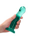 Hand holding a Realrock Non-Realistic Turquoise Green Dildo with Suction Cup 7 inches from Shots Toys America