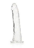 Realrock Slim 6-Inch Transparent Dildo in clear TPE with suction cup base for versatile use.