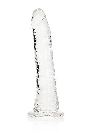 Realrock Slim 6-Inch Transparent Dildo in clear TPE with suction cup base for versatile use.