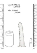 Realrock Slim 6-Inch Transparent Dildo dimensions with a can and lipstick for size comparison.