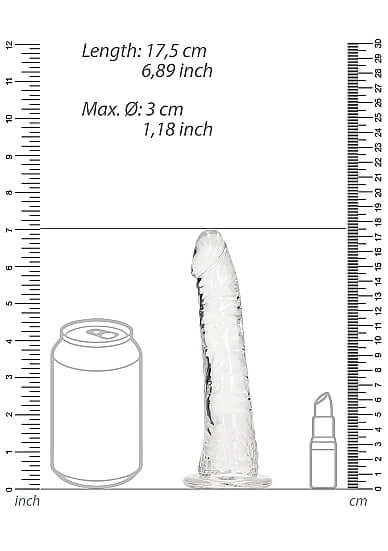 Realrock Slim 6-Inch Transparent Dildo dimensions with a can and lipstick for size comparison.