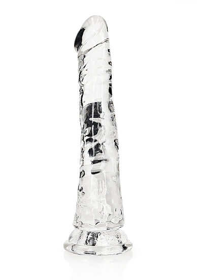Realrock Slim 6-Inch Transparent Dildo with suction cup base, made from phthalate-free TPE for safe use.