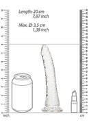 Realrock Slim Dildo Transparent Clear 7 inches with size comparison next to soda can and lipstick.