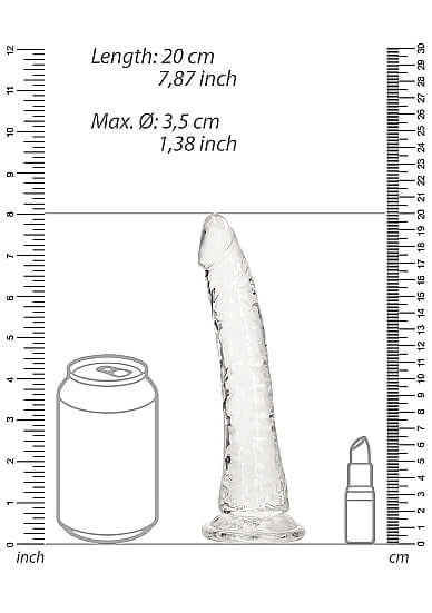Realrock Slim Dildo Transparent Clear 7 inches with size comparison next to soda can and lipstick.
