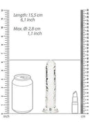 Size comparison of RealRock Transparent Clear 6" Dildo with a soda can and lipstick, featuring length and diameter measurements.
