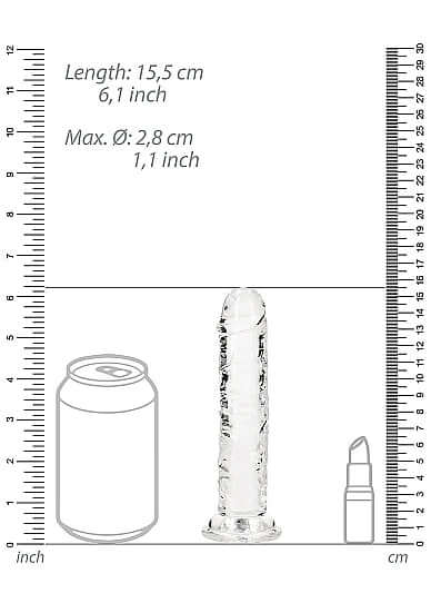 Size comparison of RealRock Transparent Clear 6" Dildo with a soda can and lipstick, featuring length and diameter measurements.