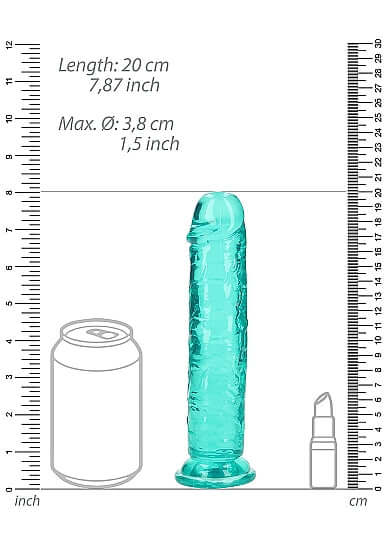 Turquoise 7 inch realistic dildo from Realrock next to a soda can and lipstick for size reference.