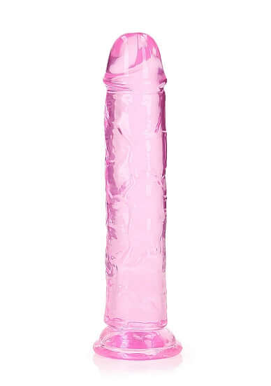 Crystal clear pink Realrock Realistic Straight Dildo with suction cup, 8 inches, body-safe design for ultimate stimulation.