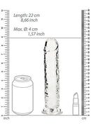 Realrock Clear Realistic Dildo 8-inch next to measurements, soda can, and lipstick for size comparison.