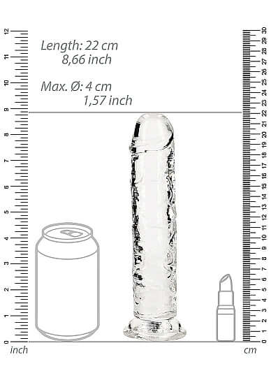 Realrock Clear Realistic Dildo 8-inch next to measurements, soda can, and lipstick for size comparison.