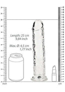Realrock Realistic Straight Dildo 9 inches - Crystal Clear Pleasure with size comparison next to a soda can and lipstick.