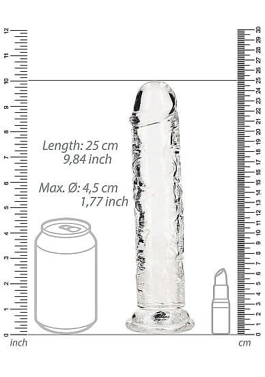 Realrock Realistic Straight Dildo 9 inches - Crystal Clear Pleasure with size comparison next to a soda can and lipstick.