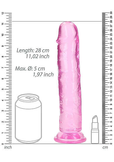 Realrock Realistic Straight Dildo 10 inches Pink with size comparison chart showing 11.02 inches length and 1.97 inches diameter