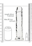 Crystal clear 11-inch Realrock realistic straight dildo with size comparison chart, soda can, and lipstick for scale